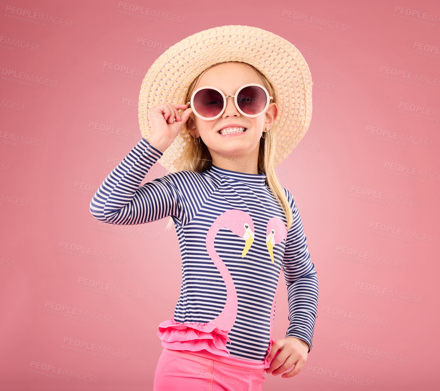 Buy stock photo Vacation, portrait of happy child with sunglasses and hat in studio with fun clothes isolated on pink background. Summer, holiday and fashion, girl in Australia excited for travel with smile on face.