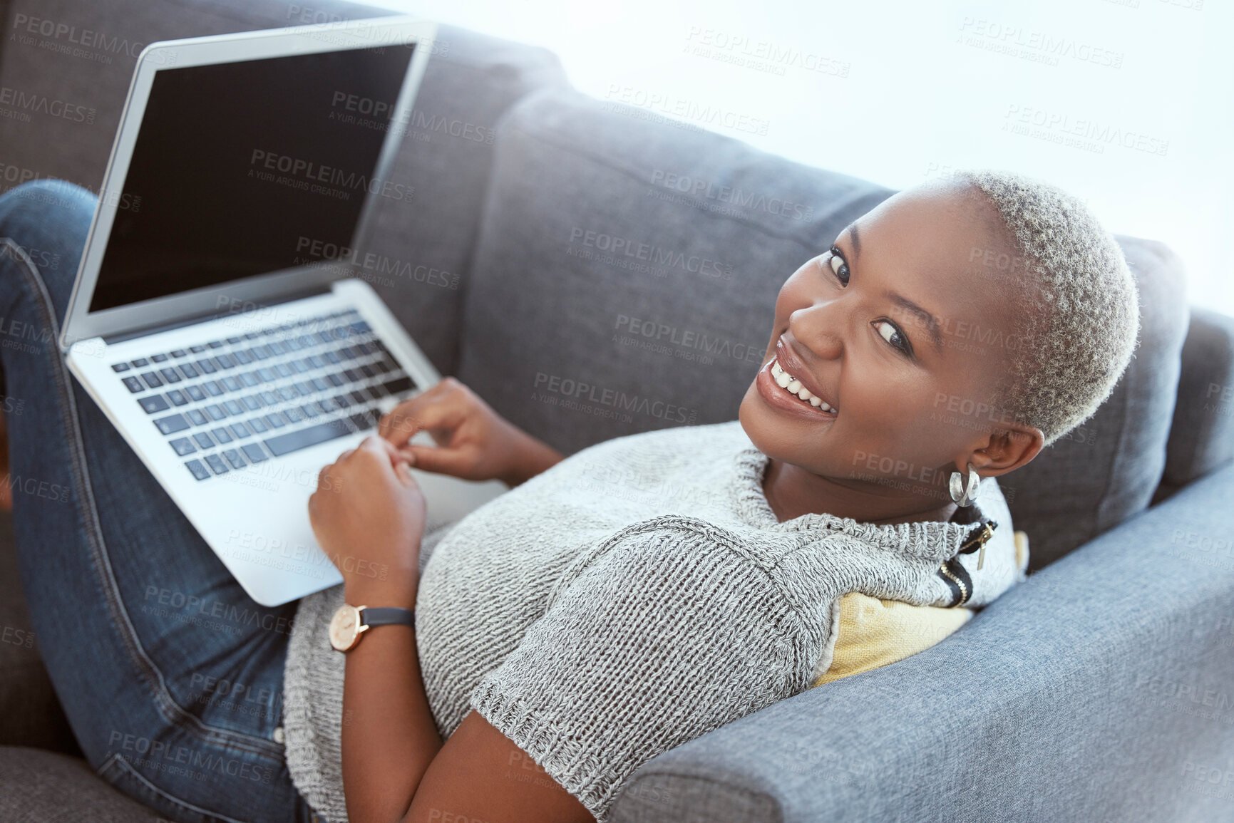 Buy stock photo Happy black woman, portrait and sofa with laptop mockup to search social media, online shopping or download. Female relax on couch with computer technology, mock up and internet blogging with smile