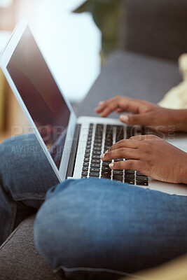 Buy stock photo Laptop, female and hands typing on a keyboard while working on a freelance project at her house. Technology, research and closeup of woman working on a report with a computer in living room at home.