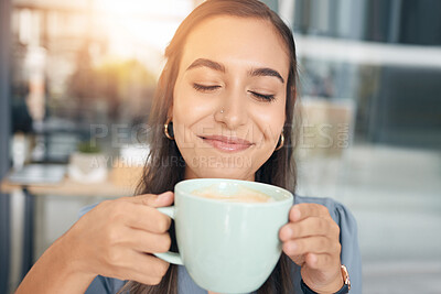 Buy stock photo Business woman, face and drinking coffee in office, company and startup with smile, lunch break and happiness. Happy female worker enjoy cup of tea, cappuccino and latte while relaxing in workplace