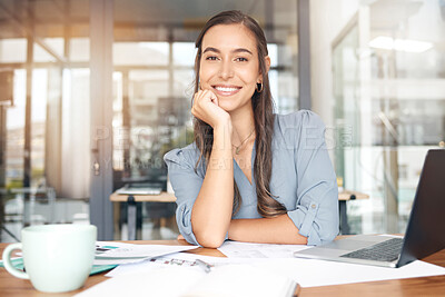 Buy stock photo Woman designer, portrait and smile at desk for documents, pride and blueprint management in Canada. Happy young female engineer in office with confidence planning architecture strategy in company 