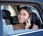 Phone call, shopping and ride share with a woman customer sitting in the backseat of a car for transport. Travel, retail and communication with an attractive young female shopper in a vehicle