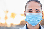 Covid mask, doctor and woman portrait outdoor for medical and health insurance. Face of a healthcare worker with ppe for safety policy, compliance and corona virus protection for wellness and help