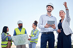 Outdoor, blueprint and architecture people planning, teamwork and collaboration at construction site. Engineering project, floor plan and manager woman talking to contractor of building development