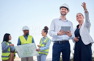 Buy stock photo Outdoor, blueprint and architecture people planning, teamwork and collaboration at construction site. Engineering project, floor plan and manager woman talking to contractor of building development