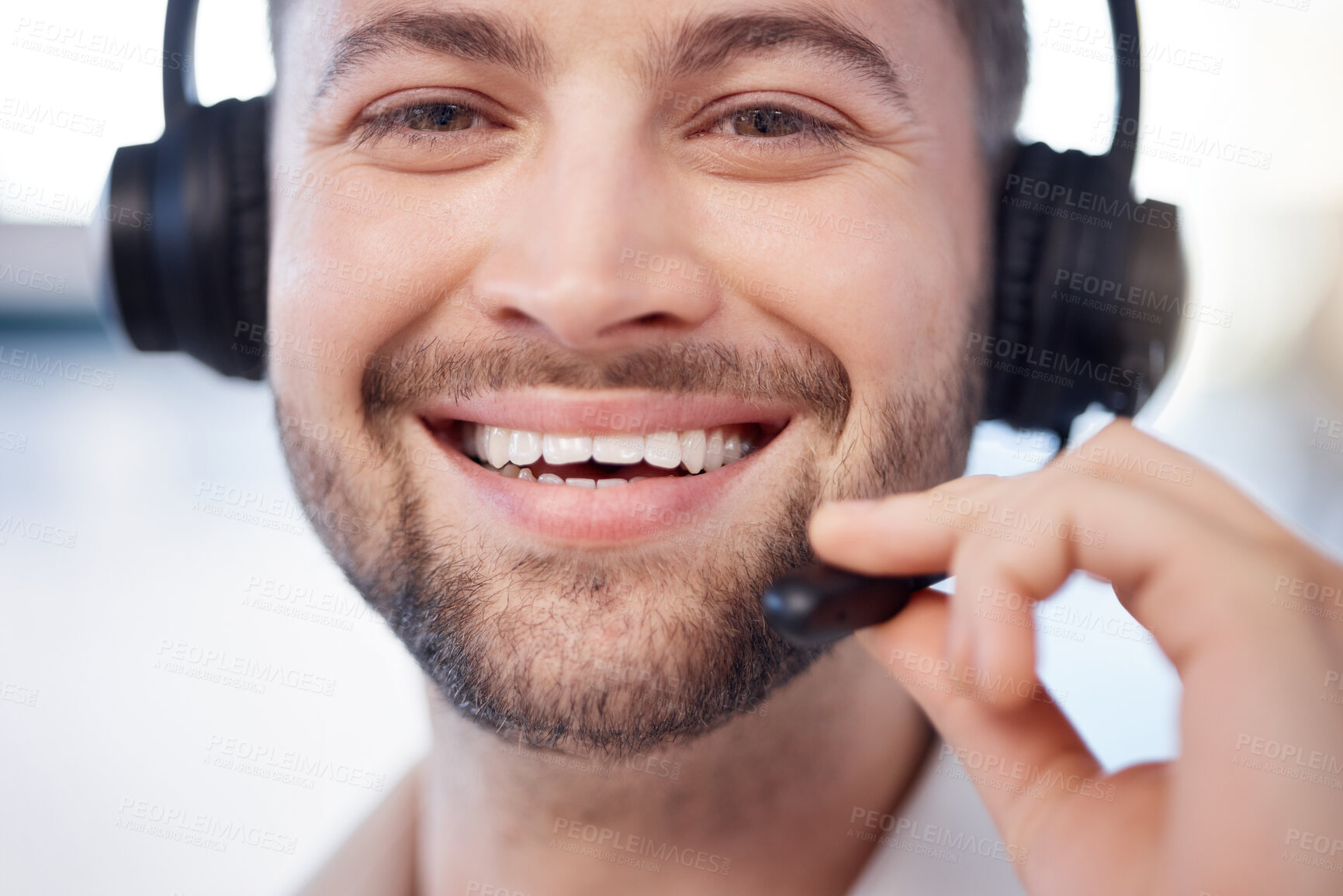 Buy stock photo Man at call center, face and contact us with customer support employee, smile and CRM with consultant closeup. Professional, portrait and communication, male with headset, help desk and telemarketing