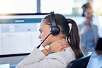 Stress, neck pain or woman in call center with burnout, fatigue or bad ache at customer services. Posture problem, muscle tension injury or tired sales consultant in telemarketing or communications 