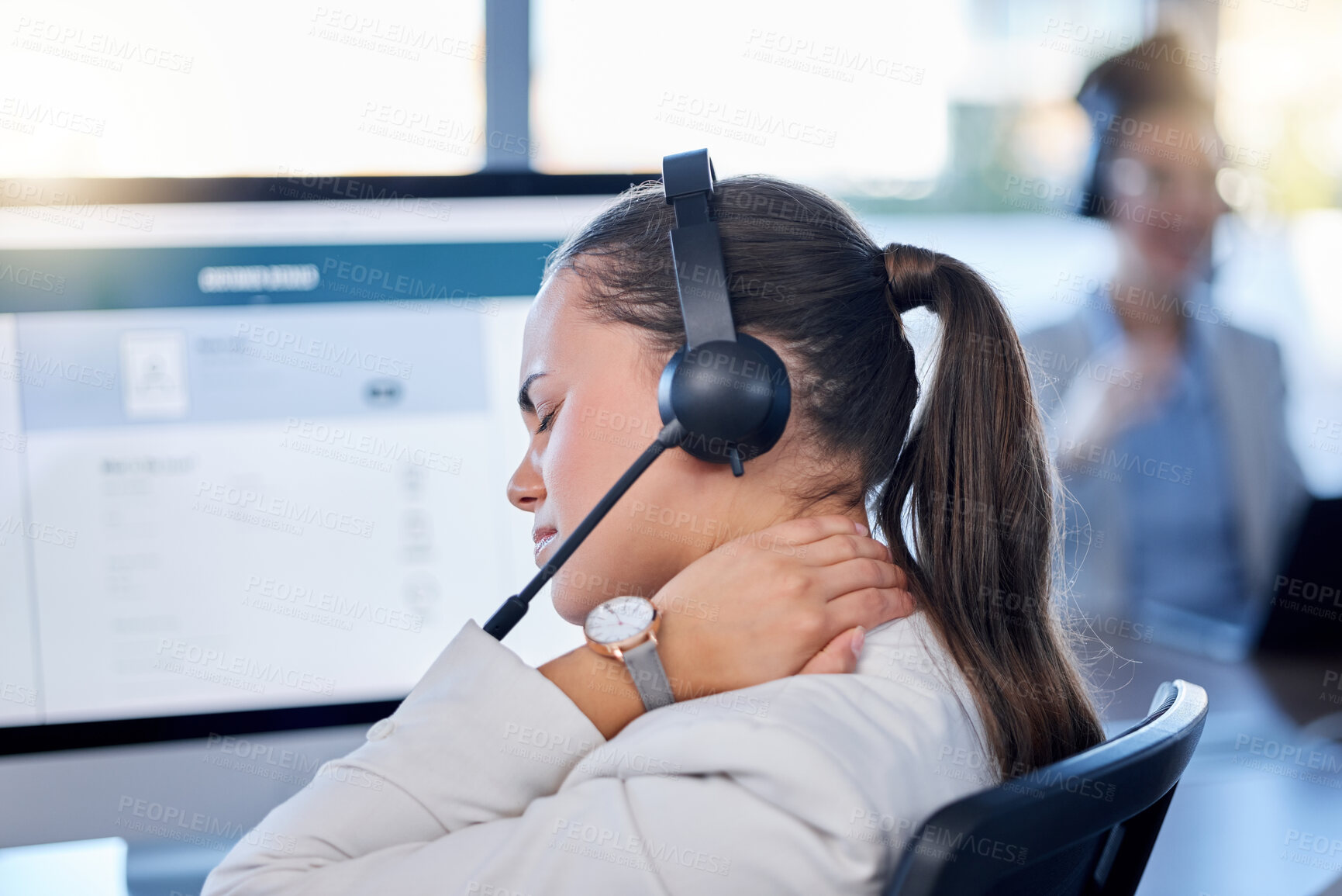 Buy stock photo Stress, neck pain or woman in call center with burnout, fatigue or bad ache at customer services. Posture problem, muscle tension injury or tired sales consultant in telemarketing or communications 