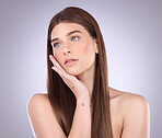 Beauty, studio makeup and face of woman with skincare routine, luxury cosmetics and natural facial glow. Dermatology wellness, spa salon and aesthetic model girl isolated on pastel purple background