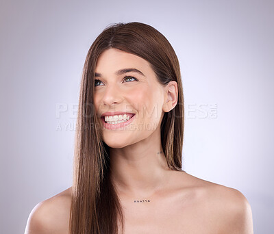 Buy stock photo Idea, face smile and hair care of woman in studio isolated on a gray background. Natural cosmetics, thinking and happy female model with salon treatment for healthy keratin, beauty and hairstyle.