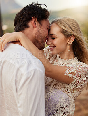 Buy stock photo Couple, love and hug outdoor with a smile, care and romance on date in nature. Young man and woman happy together on valentines day with trust, peace and freedom or support in forest for anniversary