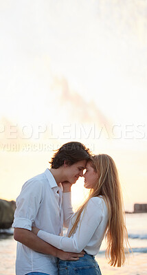 Buy stock photo Love, kiss and smile with couple at beach for romance, relax and vacation trip mockup. Travel, sweet and cute relationship with man and woman hugging on date for summer break, trust and bonding