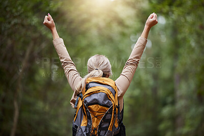 Buy stock photo Back, woman arms and hiking for success, freedom and hope of courage, achievement and nature. Hiker celebrate travel, motivation and inspiration of goals, wellness and energy of adventure in forest