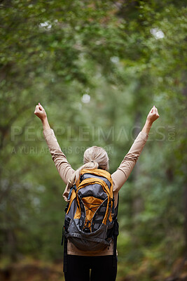 Buy stock photo Back, woman hiker and and arms of freedom, success and hope of courage, power or mockup. Hiking, travel and celebration of motivation, inspiration and goals of wellness, energy or adventure in nature