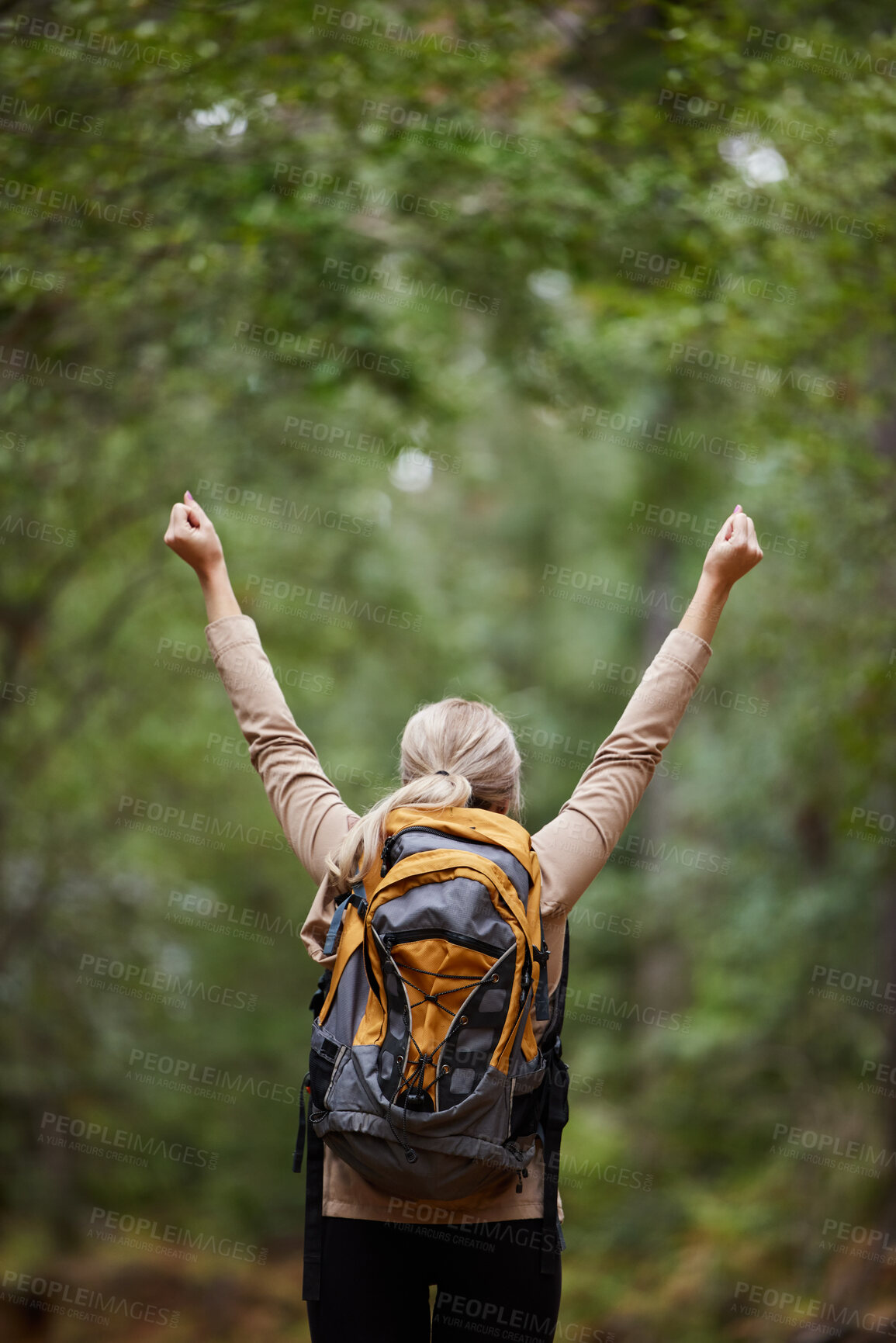 Buy stock photo Back, woman hiker and and arms of freedom, success and hope of courage, power or mockup. Hiking, travel and celebration of motivation, inspiration and goals of wellness, energy or adventure in nature