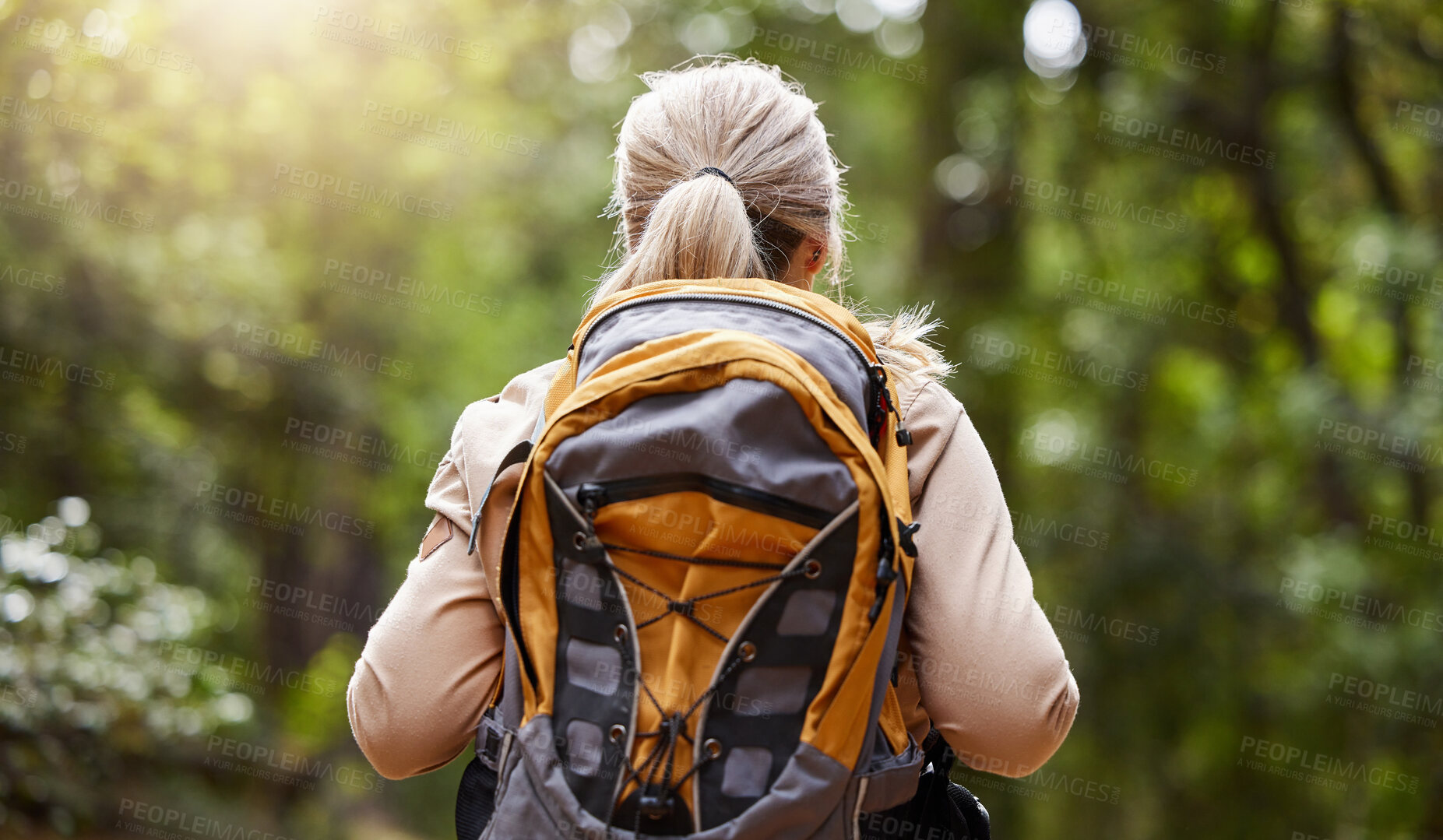 Buy stock photo Backpack, woman in forest and hiking for adventure, fitness and workout for fresh air, balance and wellness. Female, lady or hiker with equipment, walking or exercise with healthy lifestyle in nature