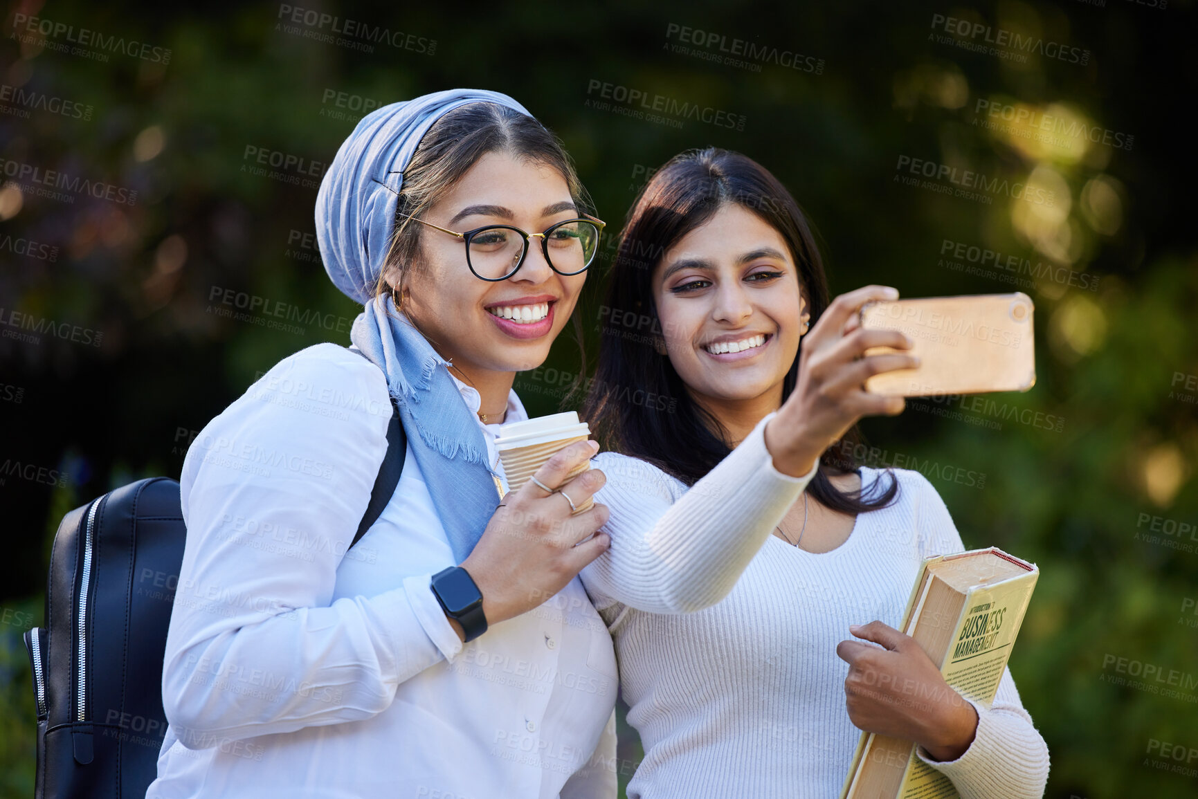 Buy stock photo Happy, friends and selfie with women at college for social media, education and connection. Diversity, smile and happiness with girl and picture for university, student and development on campus