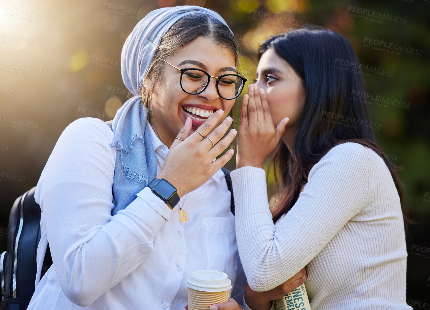 Buy stock photo Funny, friends and women with smile, gossip and conversation with joy, laughing and youth. Young female people, happy ladies and share secrets with discussion, rumors or whisper in ear with happiness