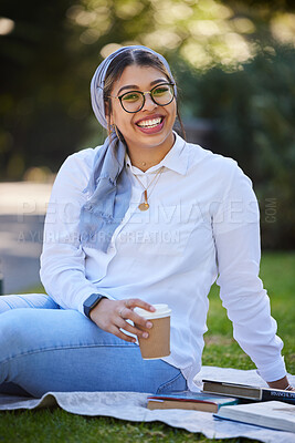 Buy stock photo Study, portrait and happy woman at park, university campus or outdoor distance learning, education or reading. Muslim, islamic or arabic student with books for research, studying or college knowledge