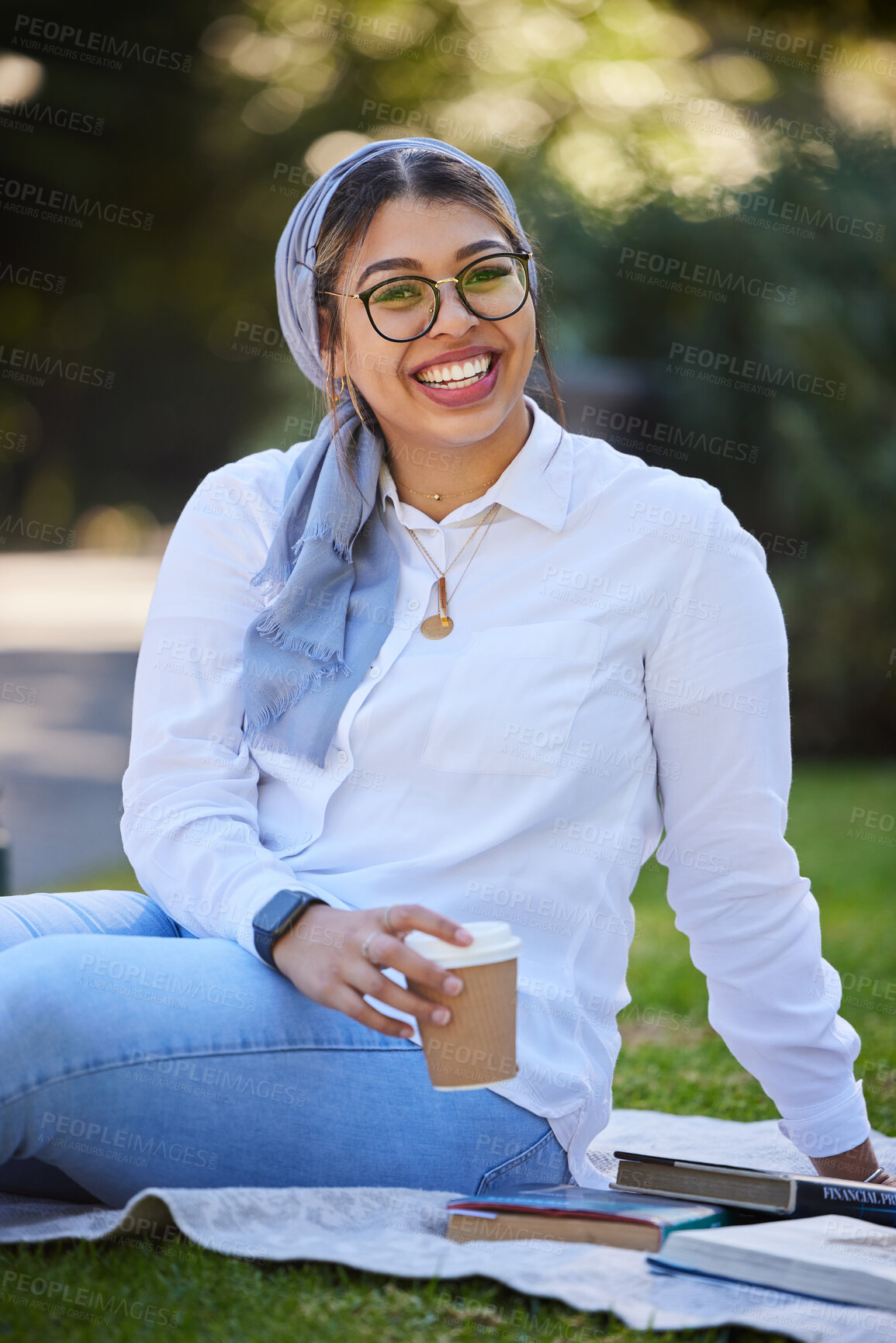 Buy stock photo Study, portrait and happy woman at park, university campus or outdoor distance learning, education or reading. Muslim, islamic or arabic student with books for research, studying or college knowledge