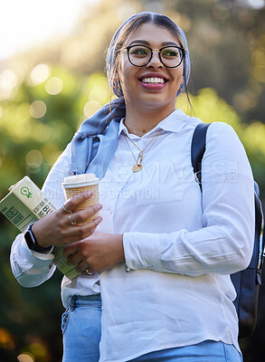 Buy stock photo Happy, break or Muslim student at park on university campus thinking of learning, education or books. Girl, smile or woman relaxing with coffee dreaming of future goals, success or college knowledge