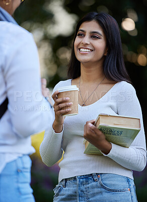 Buy stock photo Smile, break or students talking at park on university campus for learning, education or books together. Girls talking, happy or students relax with coffee meeting for research or college knowledge