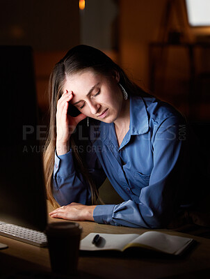 Buy stock photo Business woman, headache and fatigue with burnout and working night, stress migraine and mental health. Female employee at desk, overtime and tired, overworked and exhausted, depression and brain fog