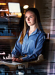 Woman at desk, dashboard and data analytics, coding and digital overlay, stock market statistics and technology abstract. Trading, IT and fintech, female trader working night and graphs on stocks app