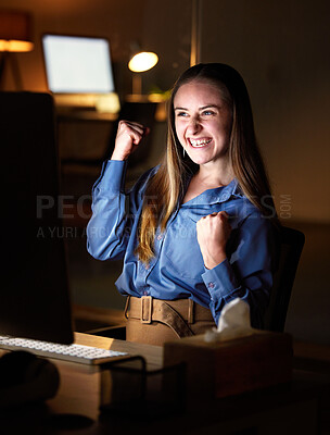 Buy stock photo Night, computer and winning business woman celebrate stock market profit, company sales news or bonus online. Winner, celebration and yes of happy person reading for global trade or trading results