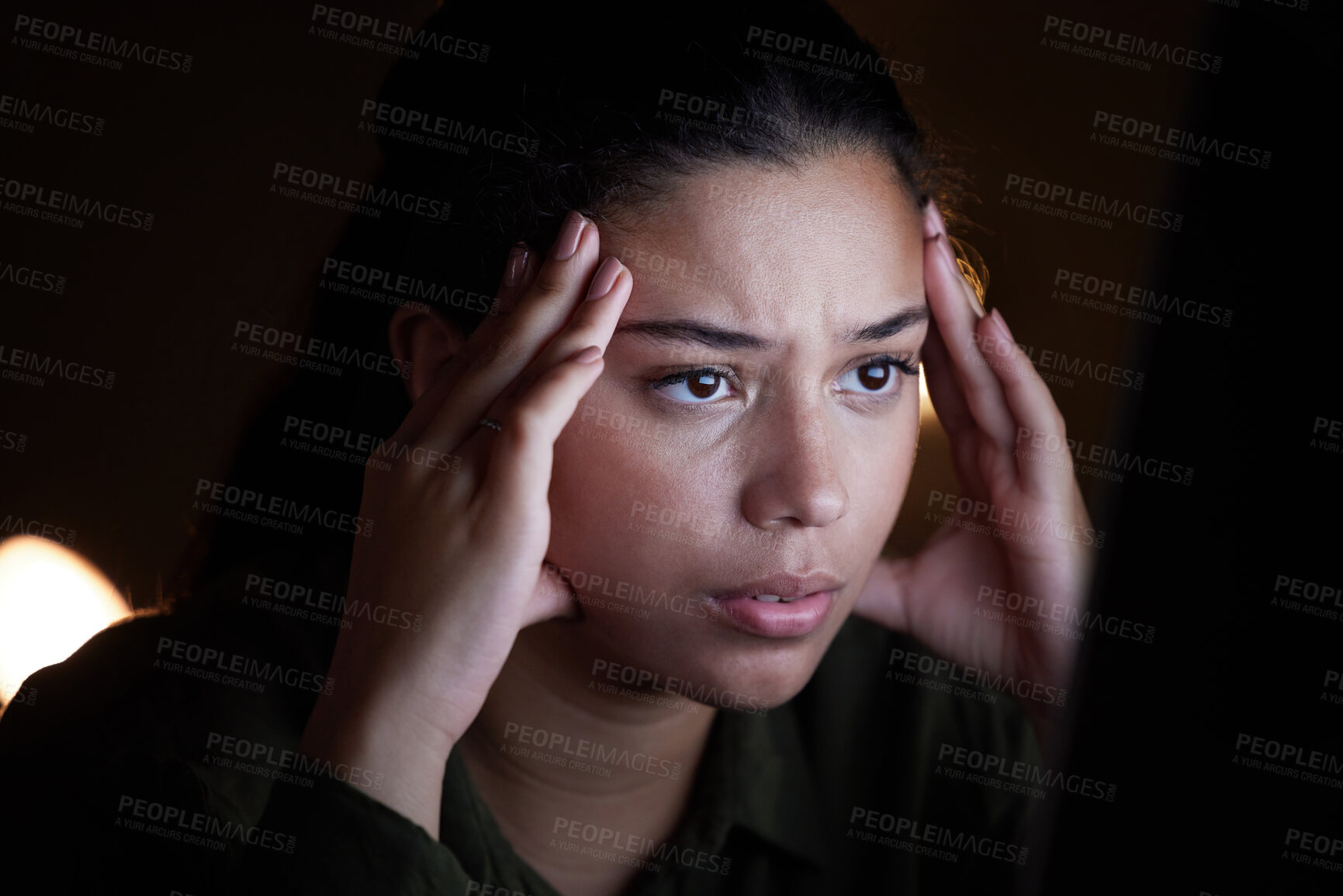 Buy stock photo Headache, stress and woman working at night in office,  unhappy and frustrated with internet glitch in dark business. Startup, crisis female with burnout at work late for deadline, 404 or task