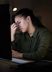 Computer, headache and stress by woman in office suffering from burnout, depressed and overworked. Dark, evening and corporate professional person frustrated, overtime and sick or sad employee