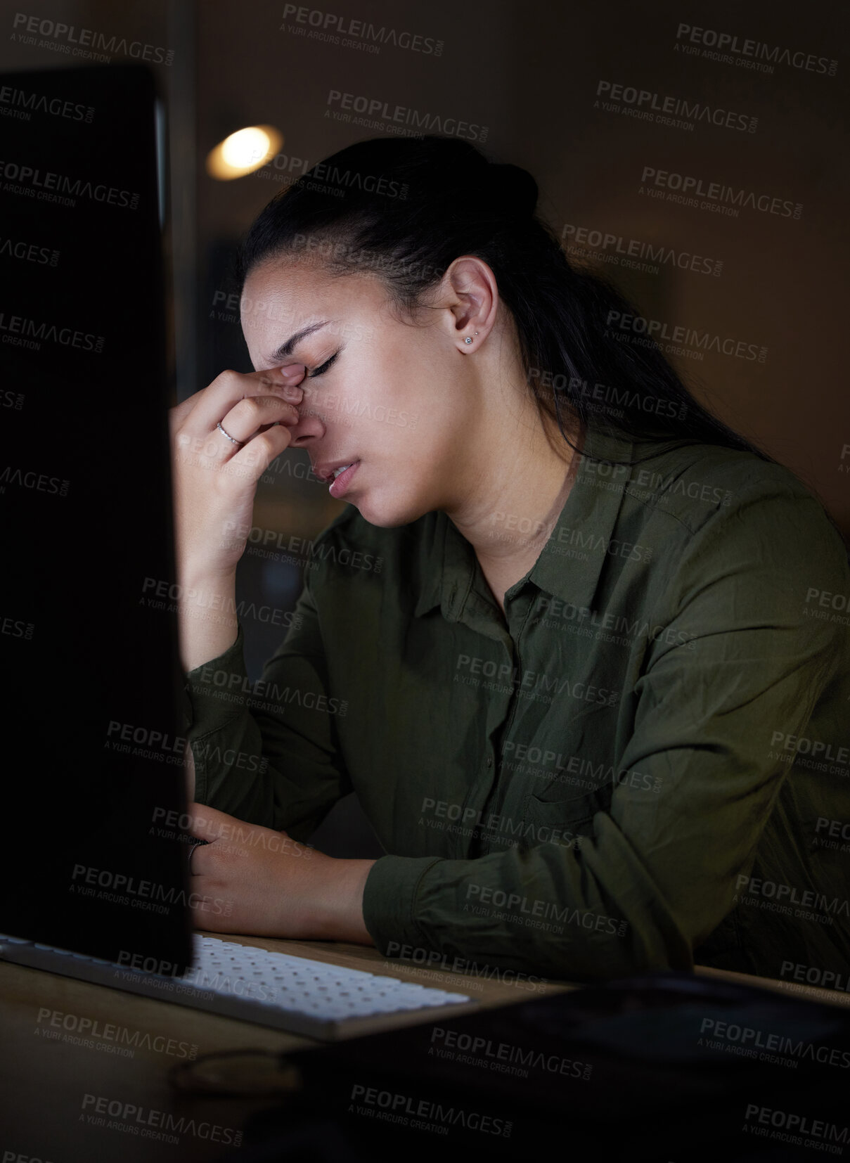 Buy stock photo Computer, headache and stress by woman in office suffering from burnout, depressed and overworked. Dark, evening and corporate professional person frustrated, overtime and sick or sad employee