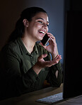 Phone call, happy and night with a business woman in her office, working late on an overtime deadline. Mobile, contact and dedication with a female employee chatting in the evening at work