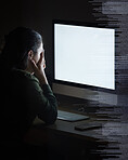 Night coding overlay, blank computer screen and woman feeling stress from cybersecurity problem. Futuristic graphic, 404 glitch and cyber issue on it software in the dark with a employee with anxiety