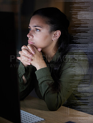 Buy stock photo Thinking, digital hologram and woman on computer in office for coding, programming and online data at night. Technology overlay, idea and female worker focus on pc for research, network and analytics