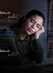 Sleeping, hologram and woman with stress at night for coding, programming and information technology. Digital screen overlay, network and tired, exhausted and girl with headache on computer in office