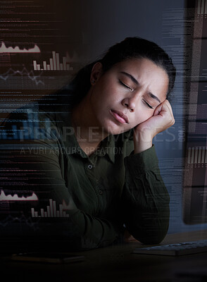 Buy stock photo Sleeping, hologram and woman with stress at night for coding, programming and information technology. Digital screen overlay, network and tired, exhausted and girl with headache on computer in office