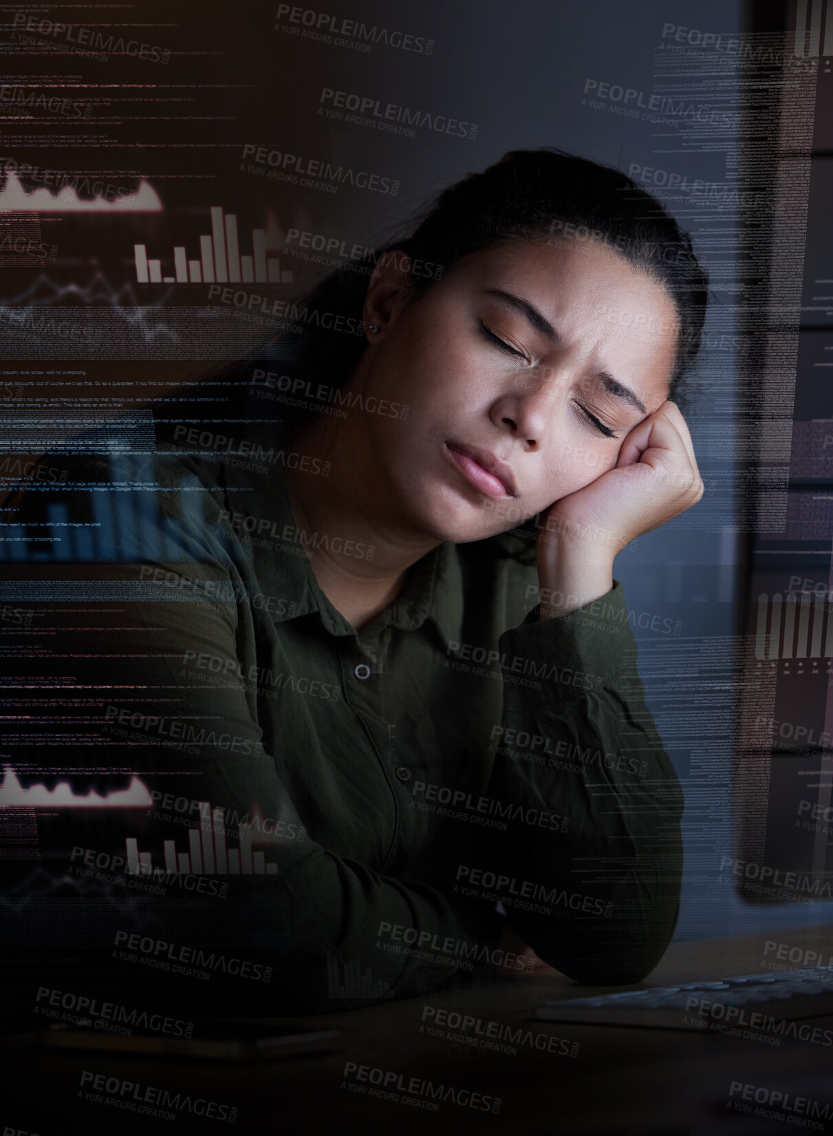 Buy stock photo Sleeping, hologram and woman with stress at night for coding, programming and information technology. Digital screen overlay, network and tired, exhausted and girl with headache on computer in office