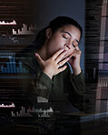 Yawn, digital hologram and woman at night in office for coding, programming and information technology. 3d screen overlay, networking and tired, exhausted and sleepy female worker on computer at desk