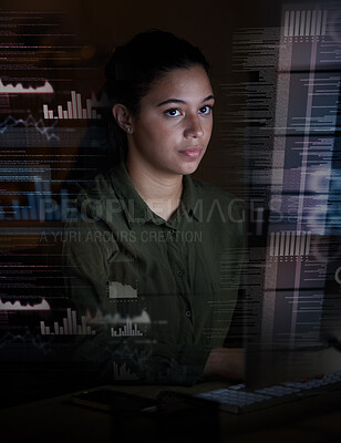 Buy stock photo Graphs, digital hologram and woman on computer in office for finance analytics, fintech and online data at night. Technology overlay, futuristic screen and female for research, network and analysis