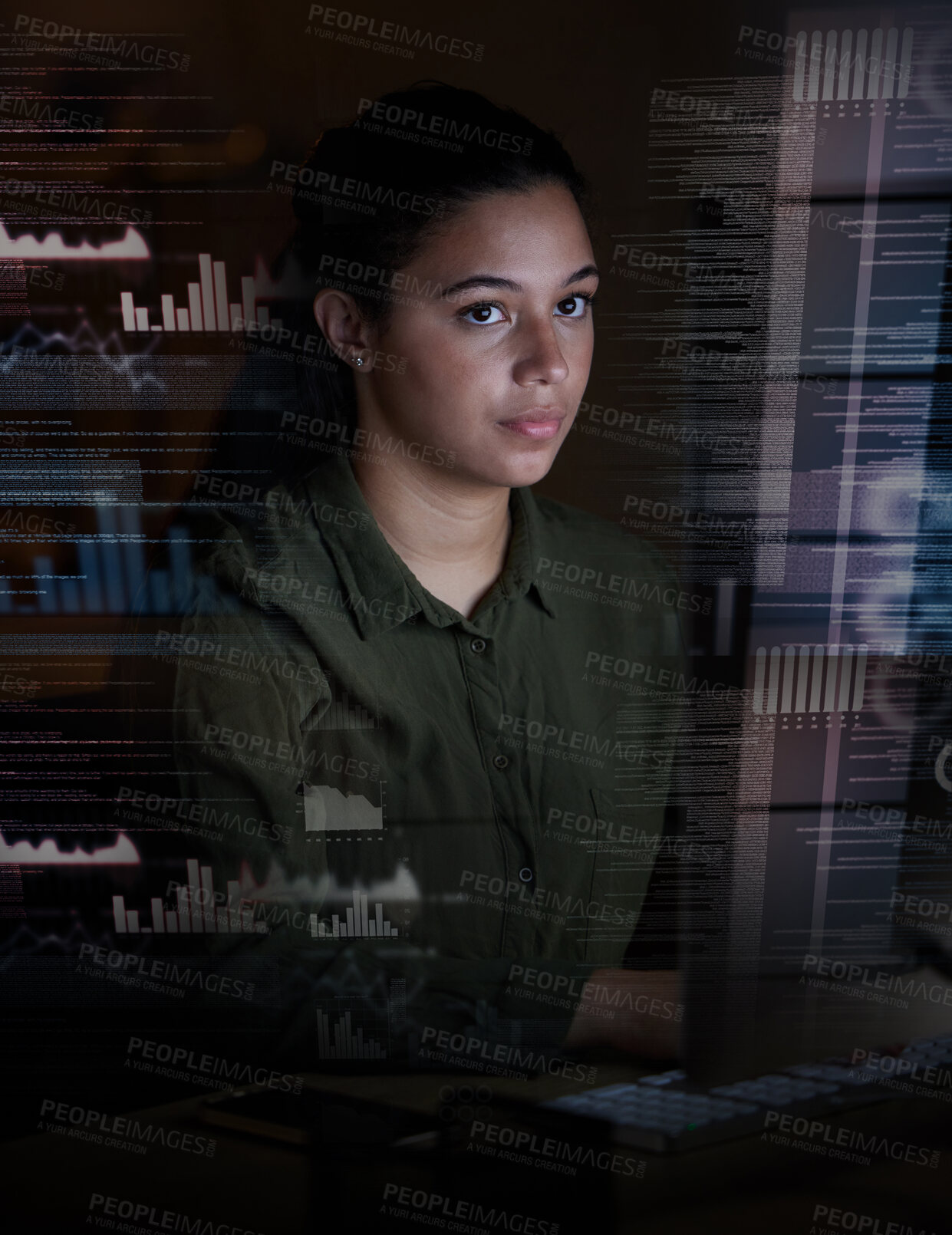 Buy stock photo Graphs, digital hologram and woman on computer in office for finance analytics, fintech and online data at night. Technology overlay, futuristic screen and female for research, network and analysis