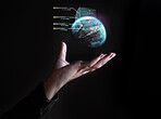 Hand, globe and hologram overlay with a user of ai or 3d technology accessing the metaverse for global networking. World, software and holographic with a person using a ux interface or dashboard