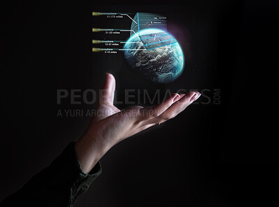 Buy stock photo Hand, globe and hologram overlay with a user of ai or 3d technology accessing the metaverse for space travel. World, software and holographic with a person using a ux interface or dashboard