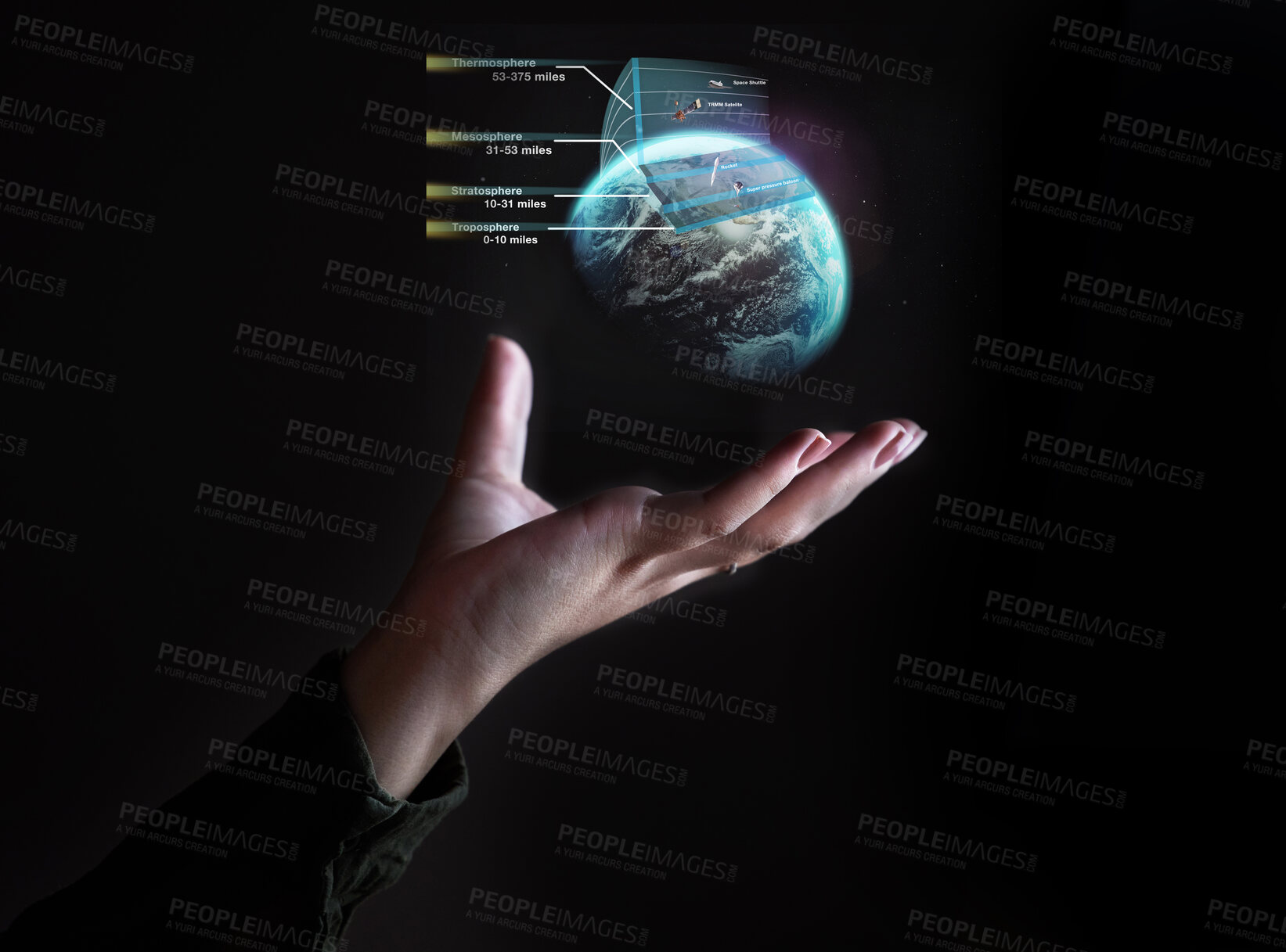 Buy stock photo Hand, globe and hologram overlay with a user of ai or 3d technology accessing the metaverse for space travel. World, software and holographic with a person using a ux interface or dashboard