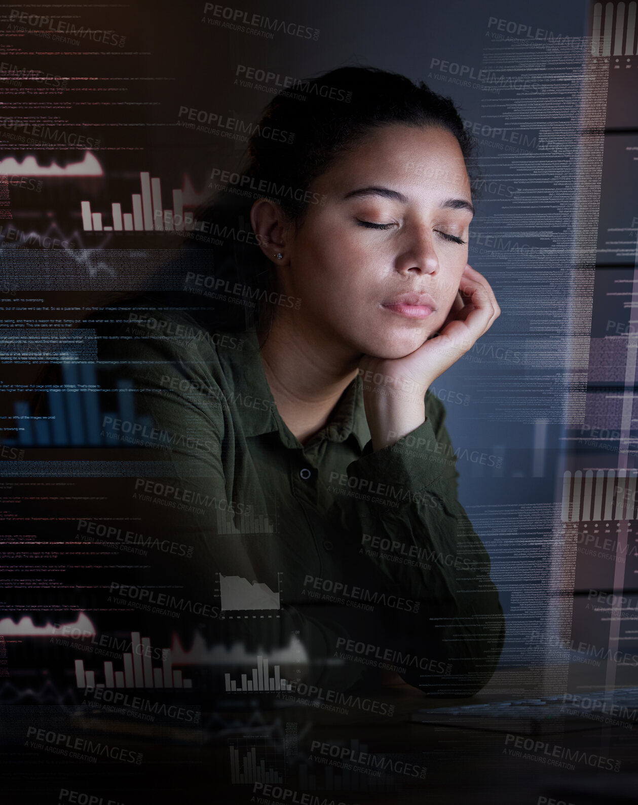 Buy stock photo Sleeping, hologram and woman at night in office for coding, programming and information technology. Digital screen overlay, network and tired, exhausted and sleepy female worker on computer at desk