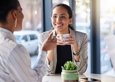 Buy stock photo Coffee shop, meeting and happy women in conversation, b2b networking and business planning or collaboration.  Professional biracial people or entrepreneur in restaurant, cafe or remote workspace talk