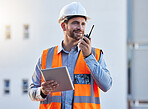 Walkie talkie of construction worker man for project management, planning or communication on tablet workflow. Architecture, contractor or happy engineering person with 5g tech for industrial update