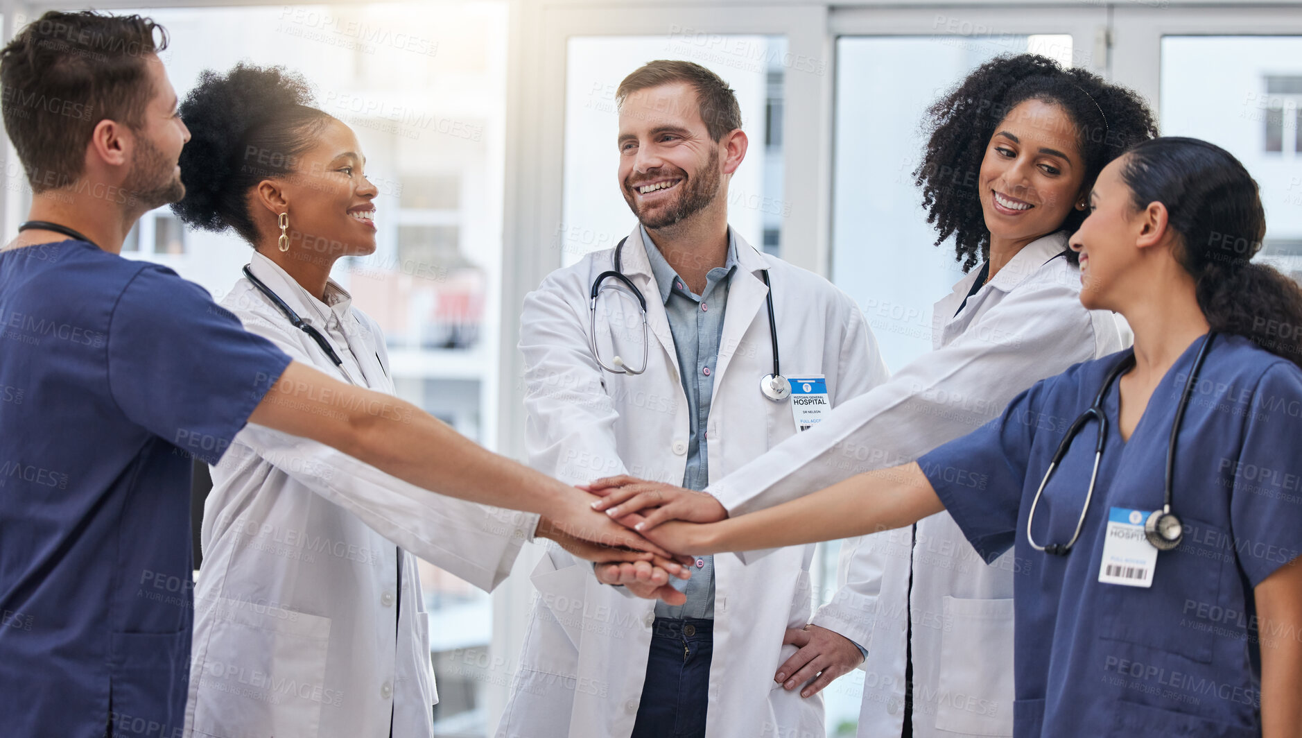 Buy stock photo Healthcare, teamwork and doctors with nurses hands in support of planning, collaboration and innovation. Team, hand and huddle with expert people united for mission, trust and help while at a clinic