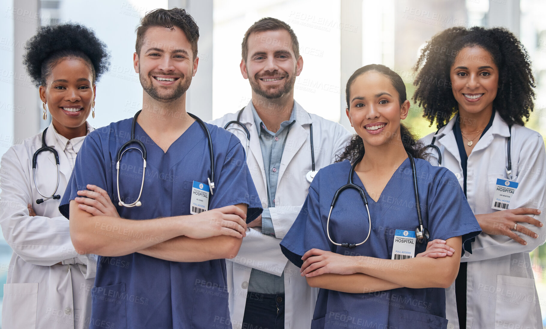 Buy stock photo Portrait, nurses and doctors at hospital proud, empowered and excited about medical collaboration. Face, healthcare and health expert team united for innovation, teamwork and support at a clinic