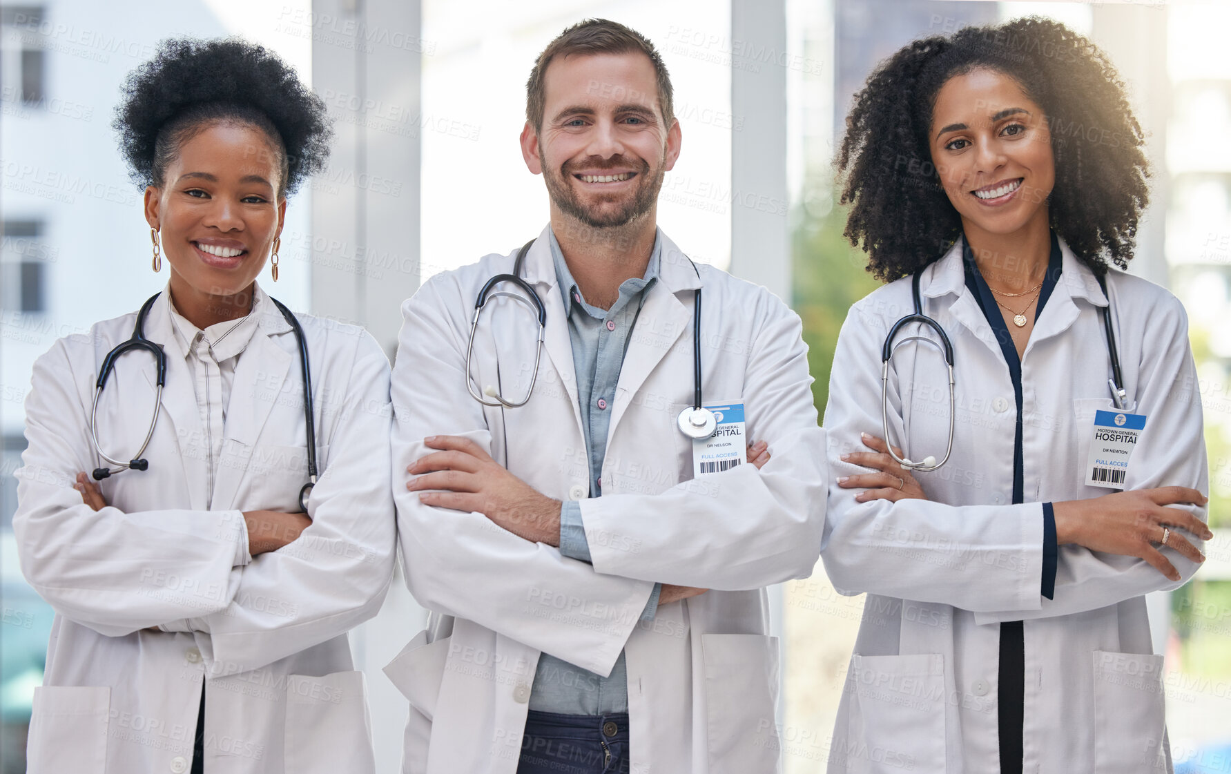 Buy stock photo Portrait, smile and doctors at hospital proud, empowered and excited about medical collaboration. Face, healthcare and health expert team united for innovation, teamwork and support at a clinic